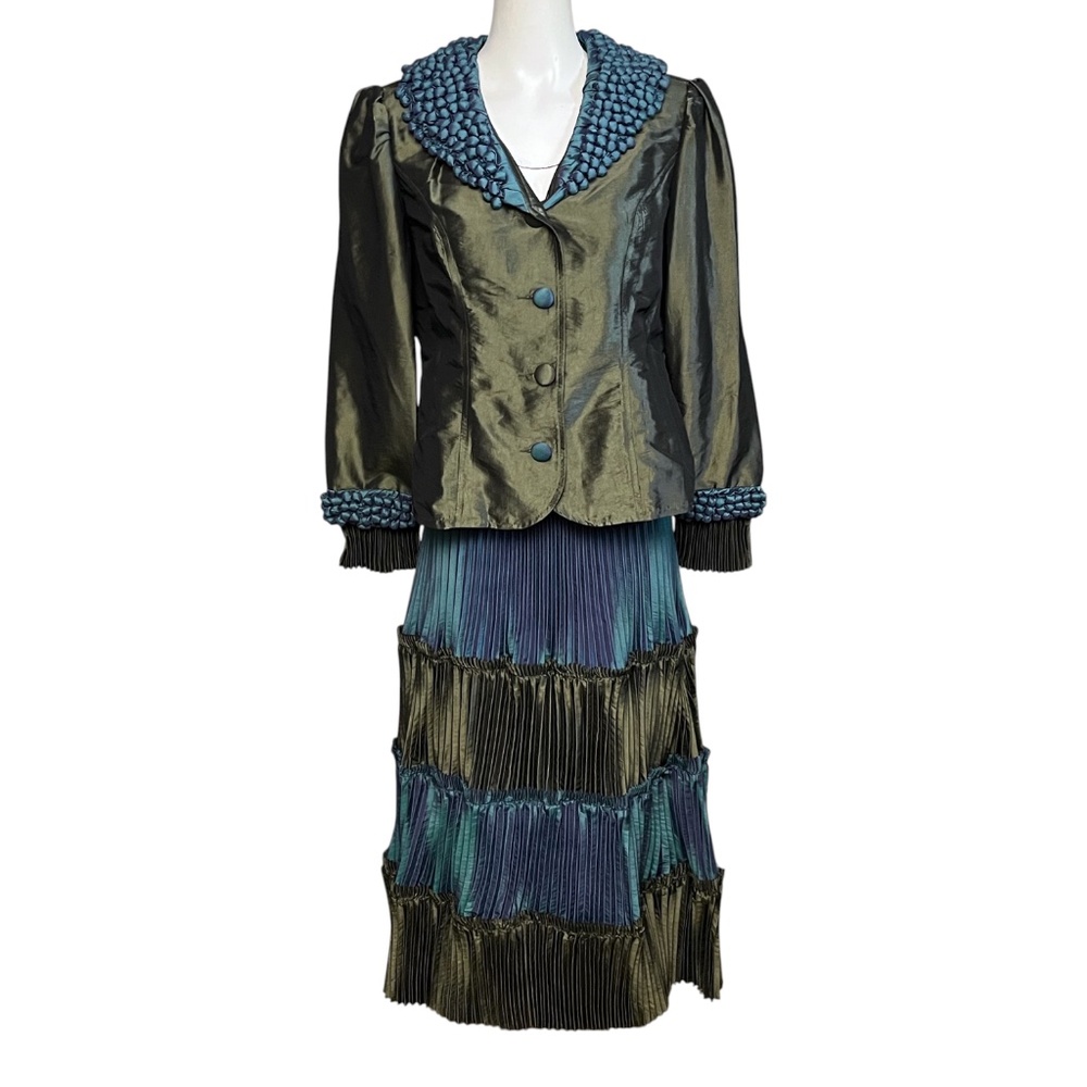 Olive Green and Teal Pleated Midi Skirt